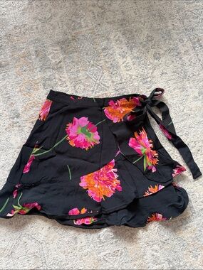 Zara Black Wrap Mini Skirt with Pink & Orange Floral Print